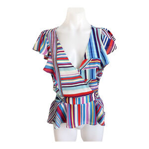 Parker Size Large Peplum Blouse Striped Smocked V Neck Tie Waist Flutter Sleeves